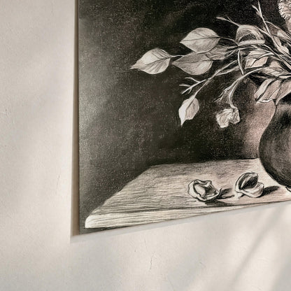 Leafy flowering branches in a rounded pitcher rendered in expressive charcoal-style strokes set of 3 poster prints material and edge close up