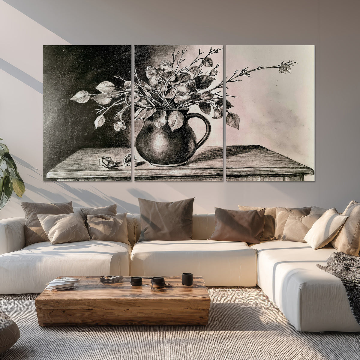 Leafy flowering branches in a rounded pitcher rendered in expressive charcoal-style strokes set of 3 poster prints displayed in a living room