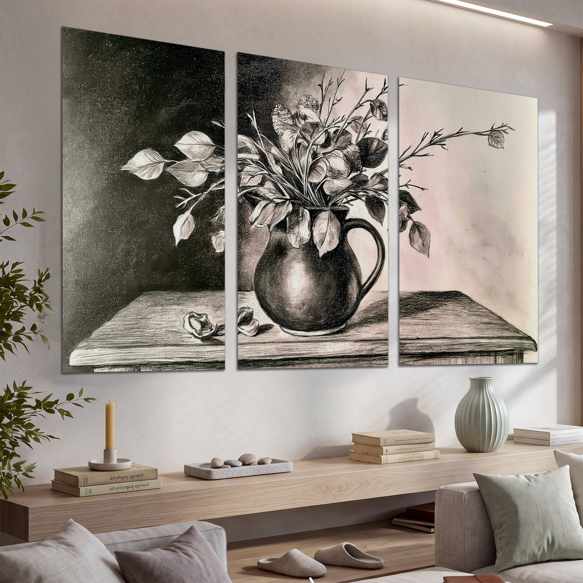 Leafy flowering branches in a rounded pitcher rendered in expressive charcoal-style strokes set of 3 poster prints displayed in a console
