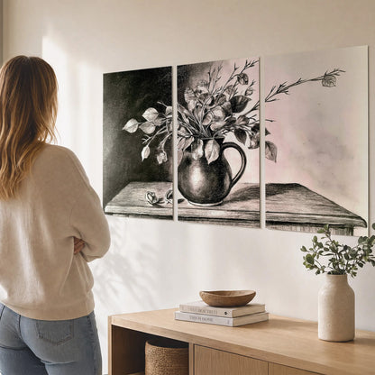 Leafy flowering branches in a rounded pitcher rendered in expressive charcoal-style strokes set of 3 poster prints three panel arrangement on a wall