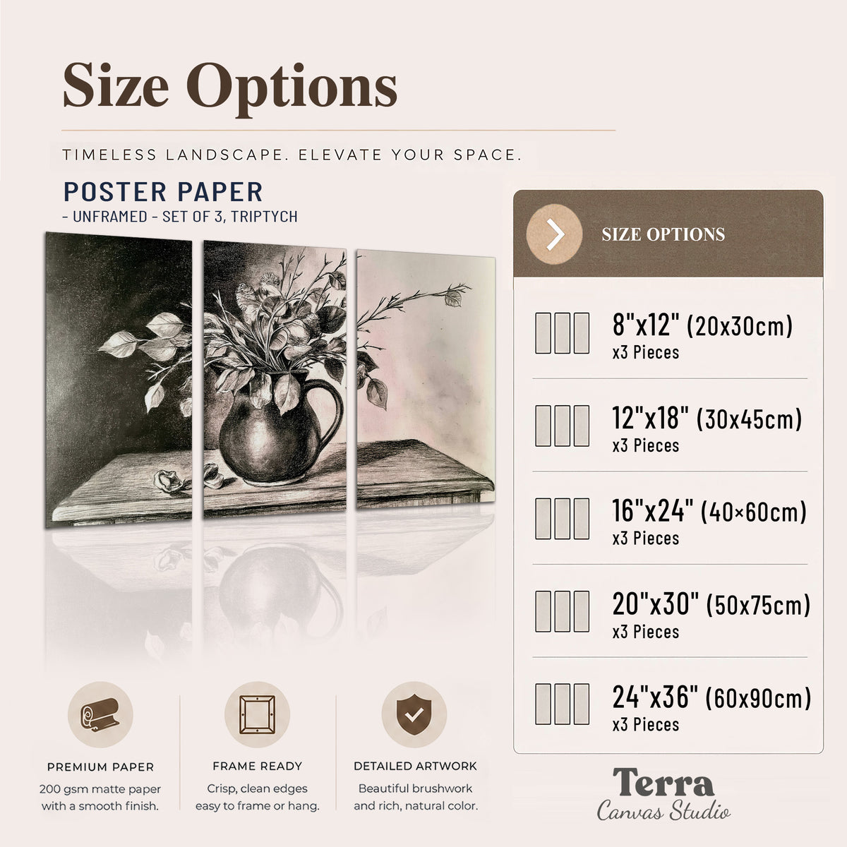 Leafy flowering branches in a rounded pitcher rendered in expressive charcoal-style strokes set of 3 poster prints available dimensions; triptych dimensions are per panel