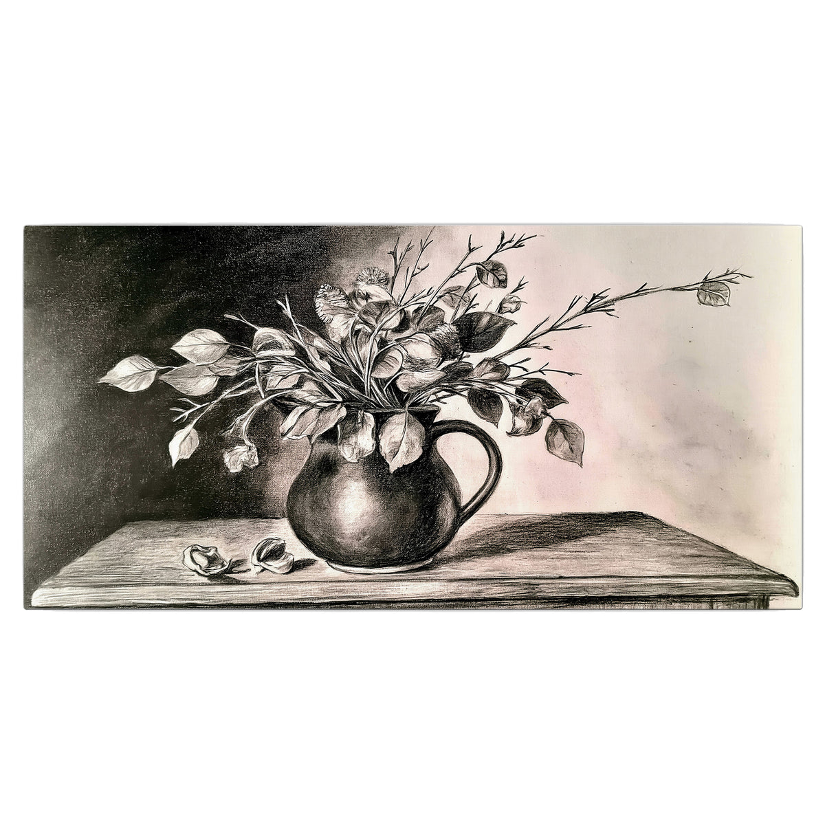 Leafy flowering branches in a rounded pitcher rendered in expressive charcoal-style strokes single canvas wall art viewed straight on