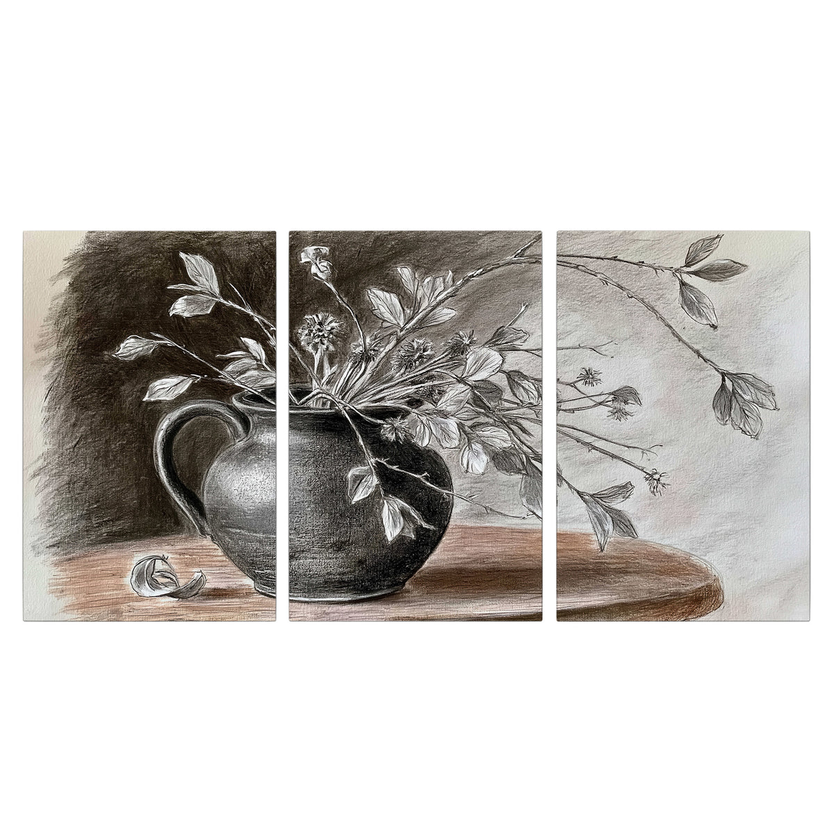 Fine leafy branches spilling from a dark rounded vase in a soft monochrome still life 3 piece canvas wall art viewed straight on