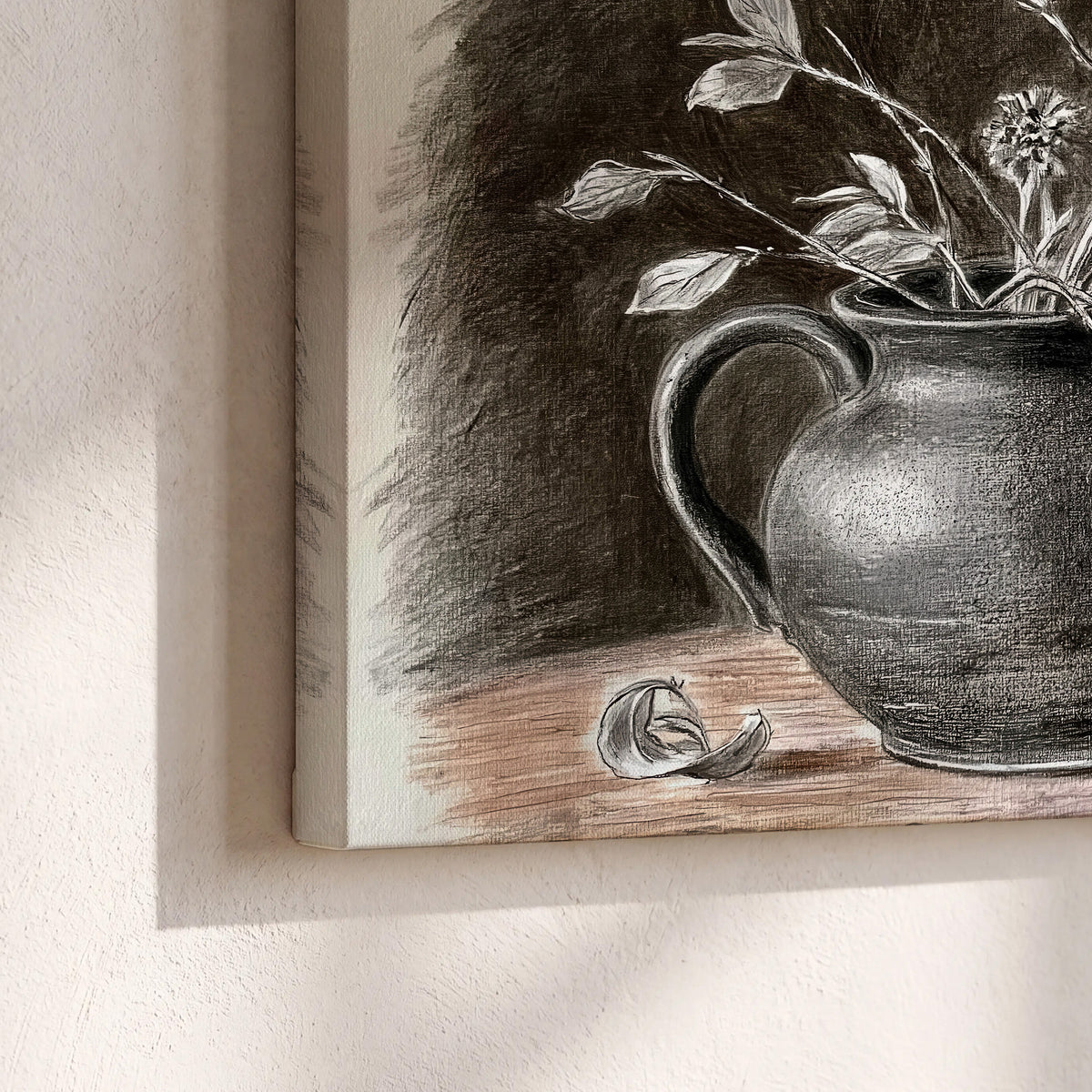 Fine leafy branches spilling from a dark rounded vase in a soft monochrome still life 3 piece canvas wall art material and edge close up