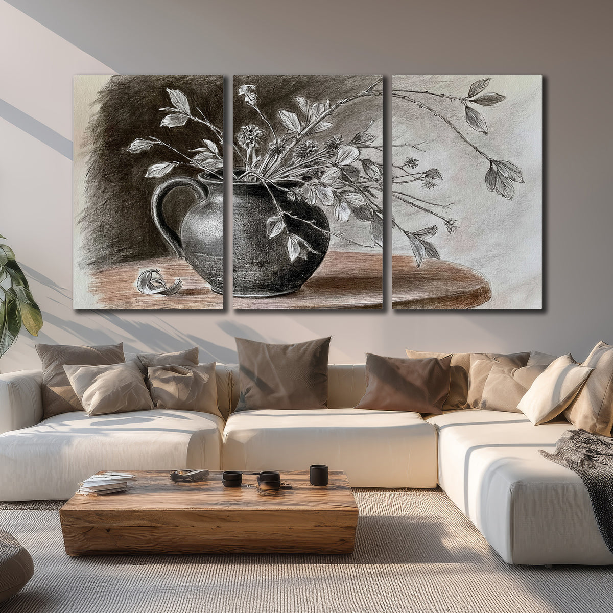 Fine leafy branches spilling from a dark rounded vase in a soft monochrome still life 3 piece canvas wall art displayed in a living room