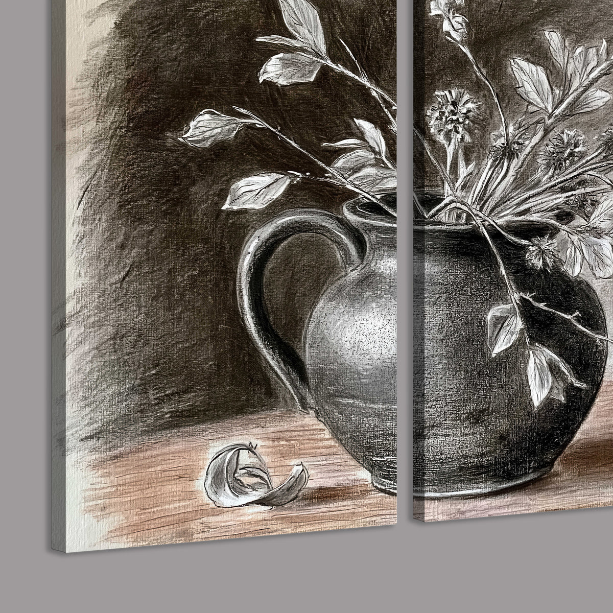 Fine leafy branches spilling from a dark rounded vase in a soft monochrome still life 3 piece canvas wall art room and product view