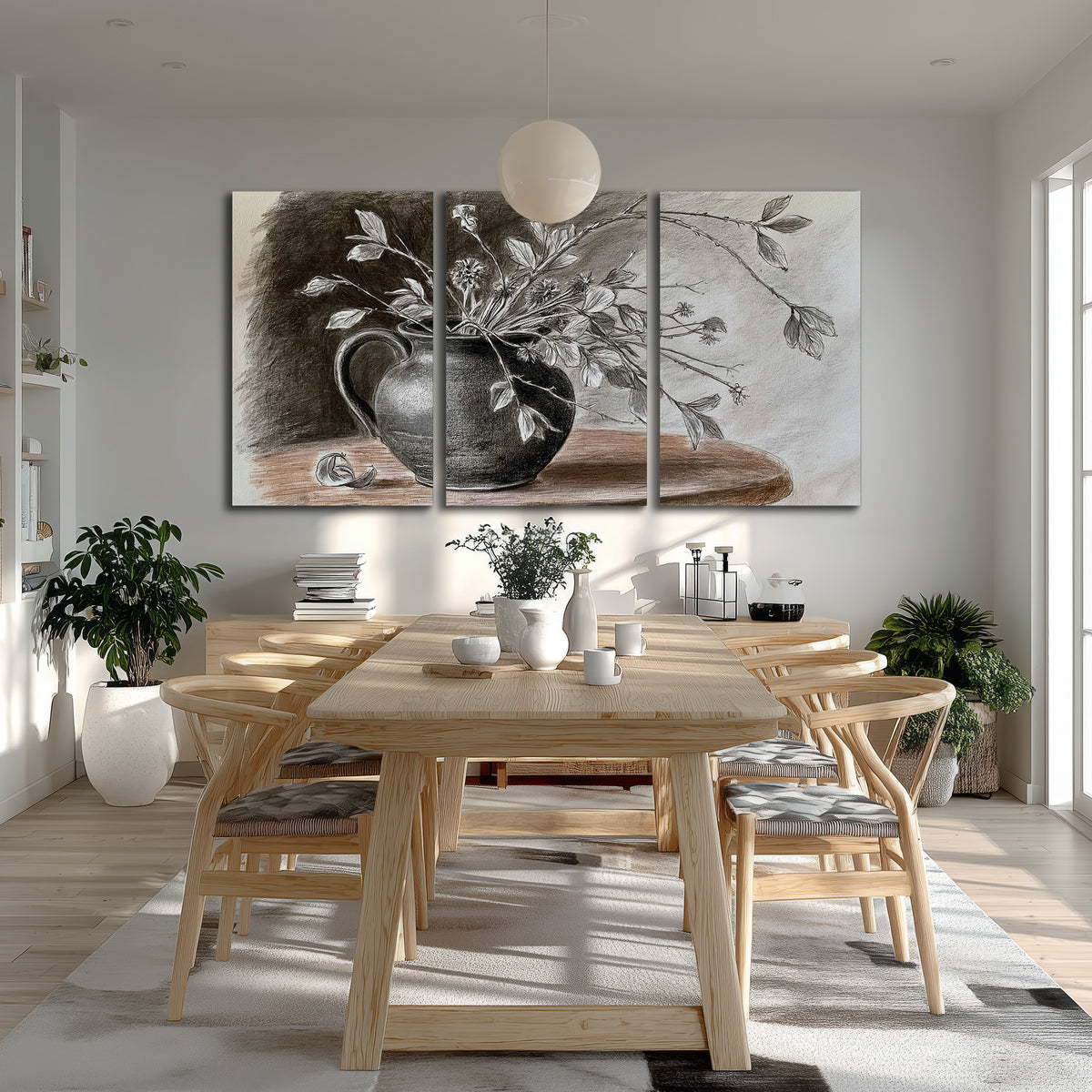 Fine leafy branches spilling from a dark rounded vase in a soft monochrome still life 3 piece canvas wall art room and product view