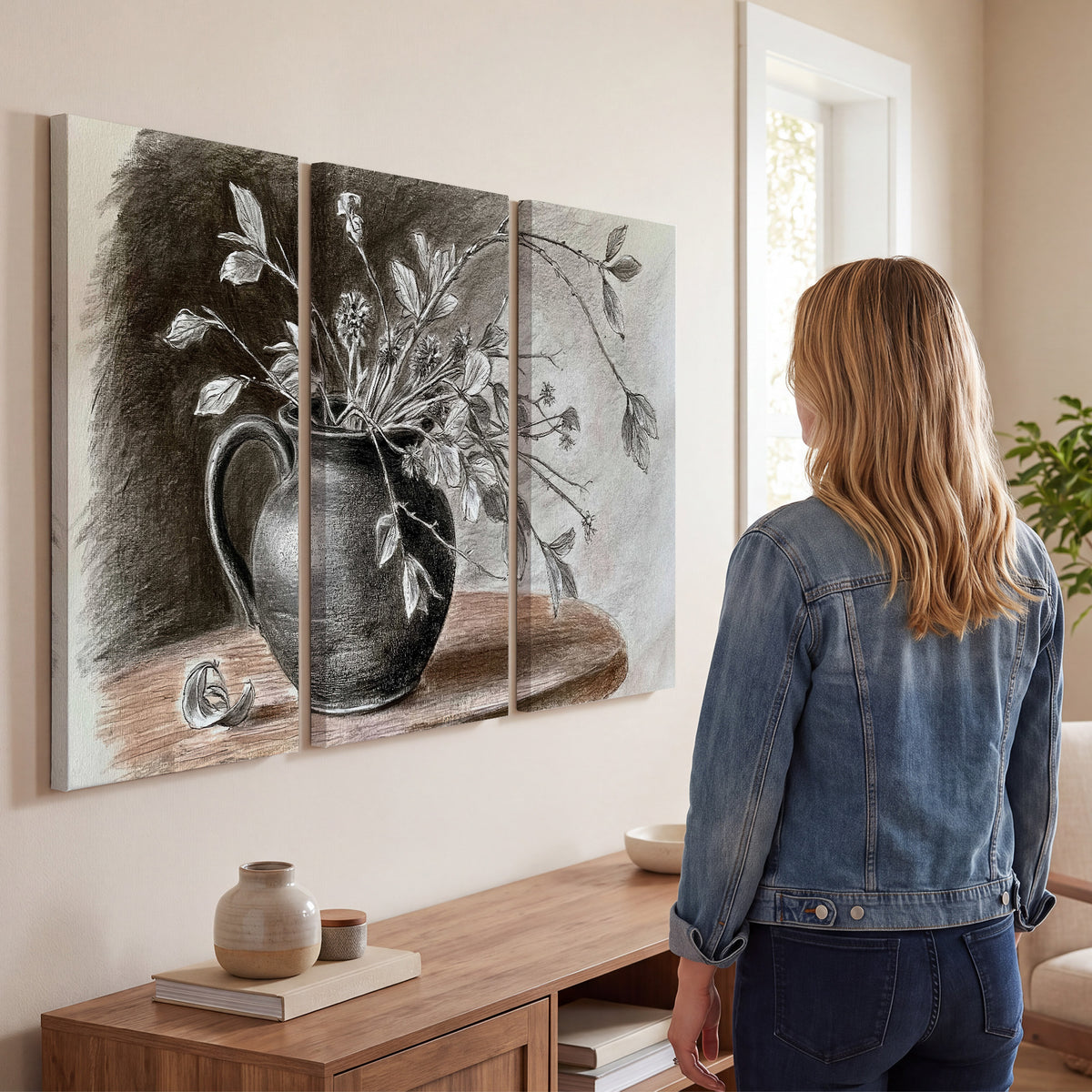 Fine leafy branches spilling from a dark rounded vase in a soft monochrome still life 3 piece canvas wall art three panel arrangement on a wall