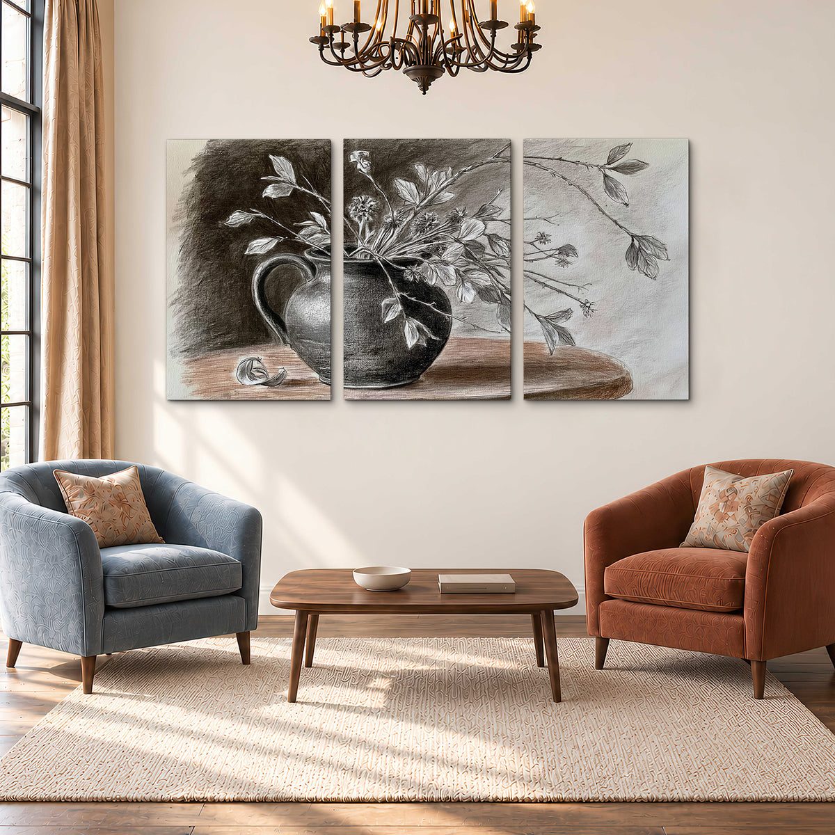 Fine leafy branches spilling from a dark rounded vase in a soft monochrome still life 3 piece canvas wall art styled in an interior