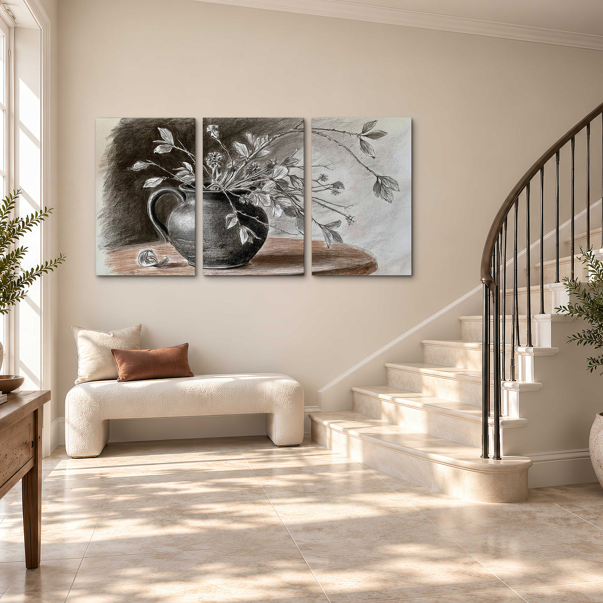 Fine leafy branches spilling from a dark rounded vase in a soft monochrome still life 3 piece canvas wall art styled in an interior