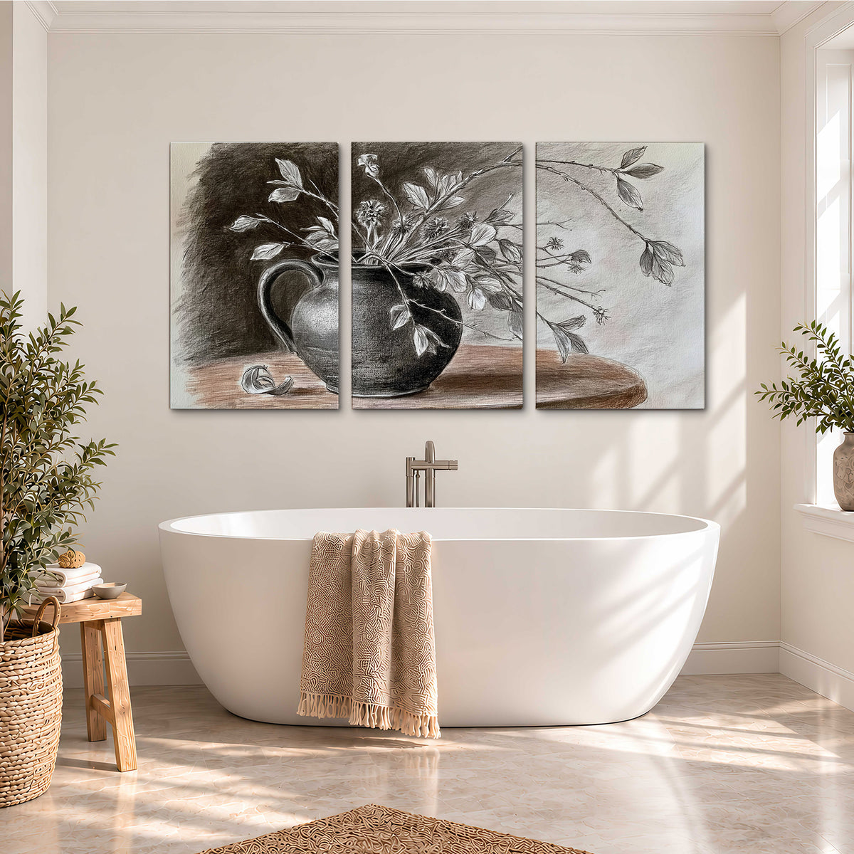 Fine leafy branches spilling from a dark rounded vase in a soft monochrome still life 3 piece canvas wall art styled in an interior