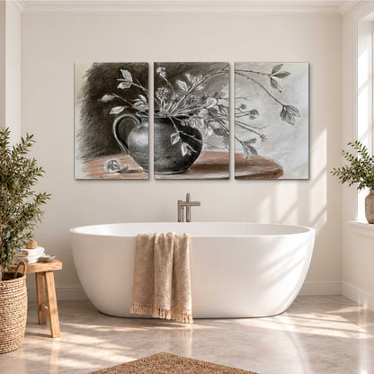 Fine leafy branches spilling from a dark rounded vase in a soft monochrome still life 3 piece canvas wall art styled in an interior