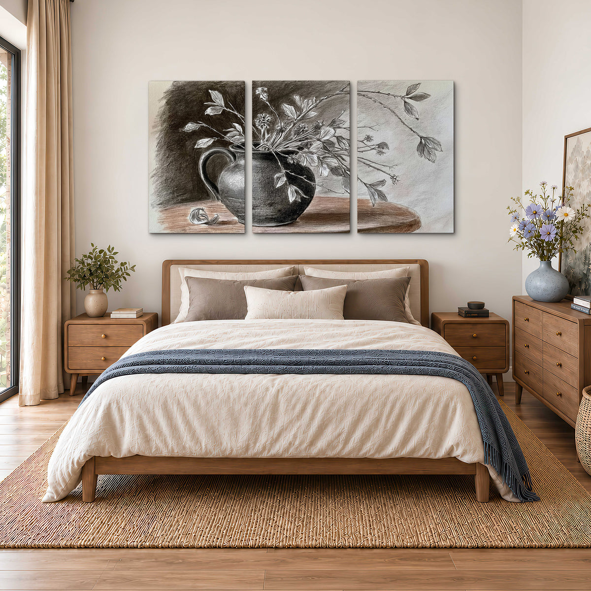 Fine leafy branches spilling from a dark rounded vase in a soft monochrome still life 3 piece canvas wall art styled in an interior