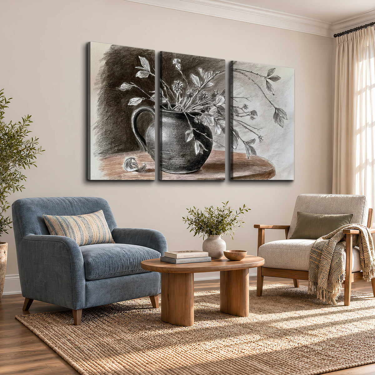 Fine leafy branches spilling from a dark rounded vase in a soft monochrome still life 3 piece canvas wall art styled in an interior