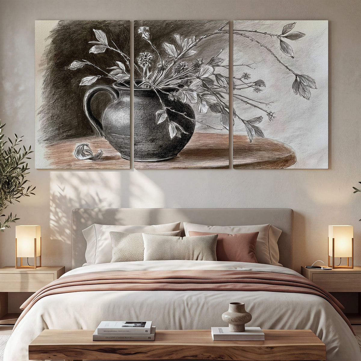 Fine leafy branches spilling from a dark rounded vase in a soft monochrome still life 3 piece canvas wall art displayed in a bedroom