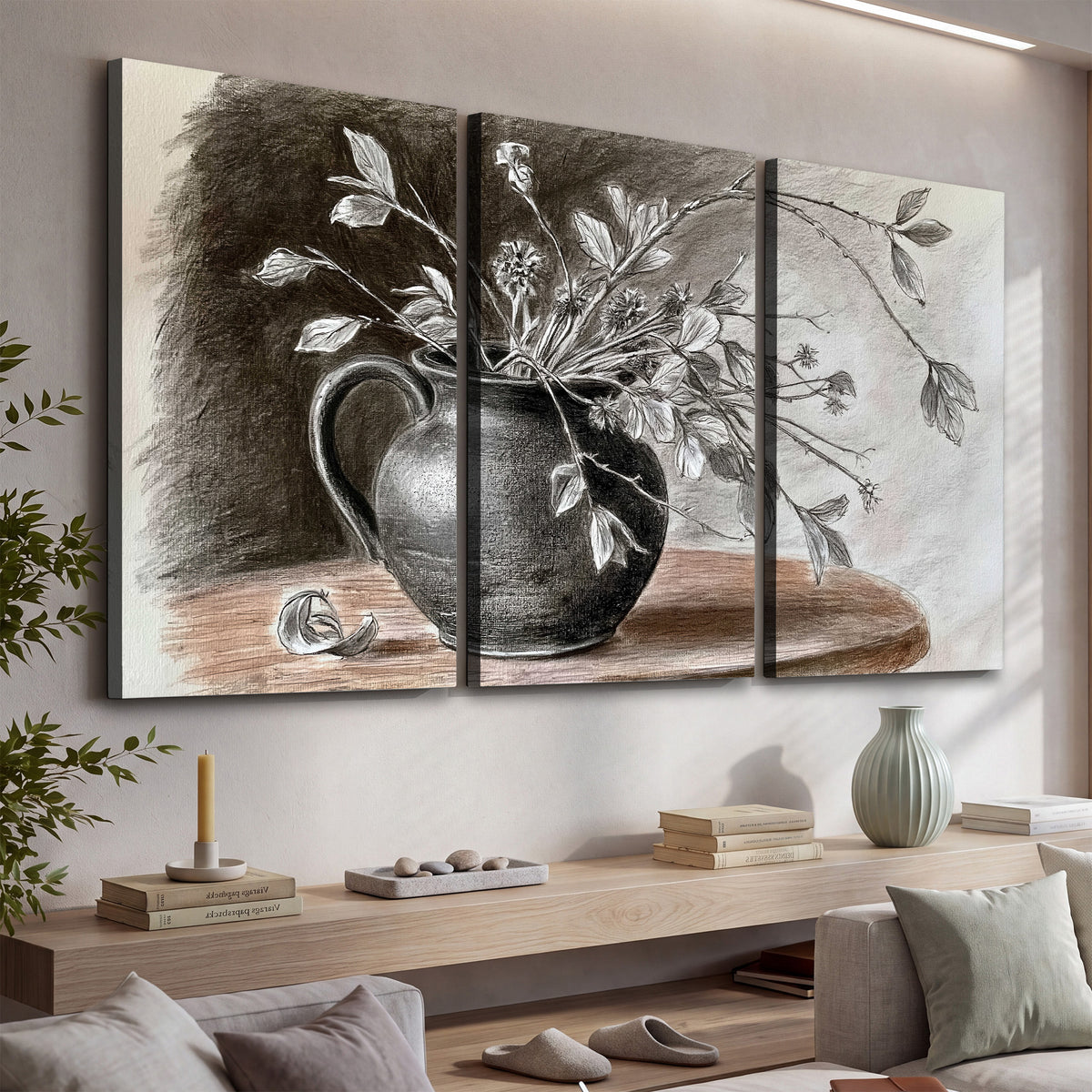Fine leafy branches spilling from a dark rounded vase in a soft monochrome still life 3 piece canvas wall art displayed in a console