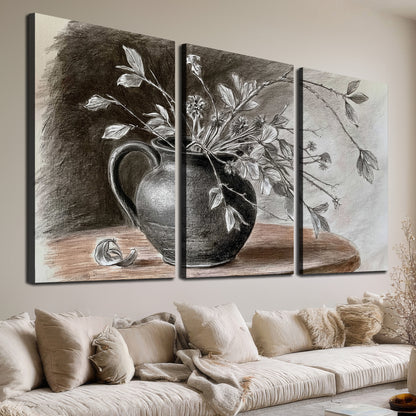 Fine leafy branches spilling from a dark rounded vase in a soft monochrome still life 3 piece canvas wall art room and product view