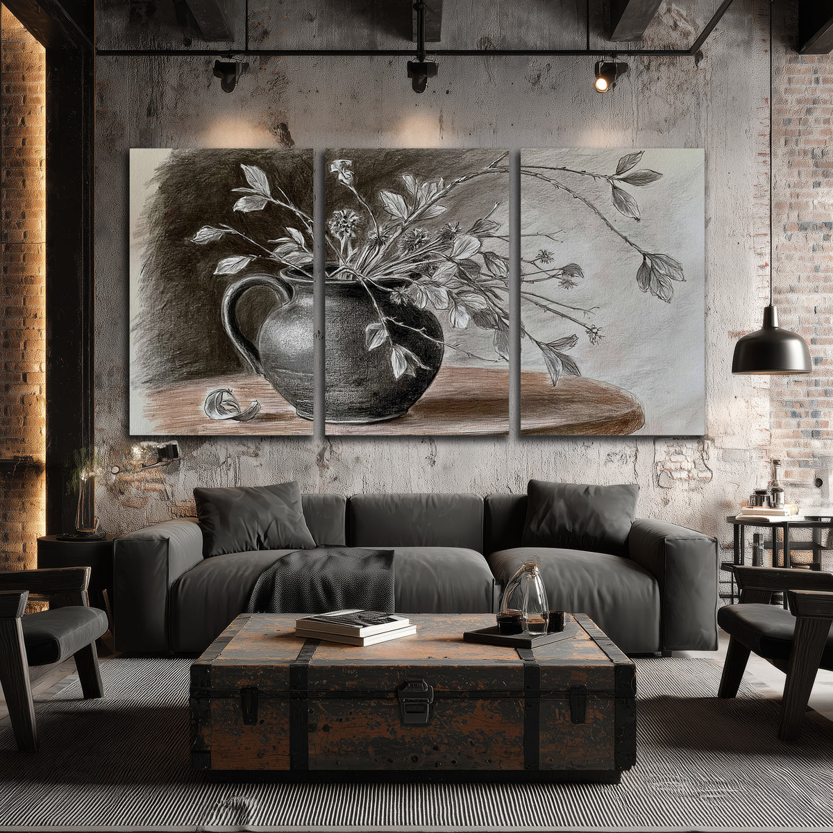 Fine leafy branches spilling from a dark rounded vase in a soft monochrome still life 3 piece canvas wall art displayed in a industrial room