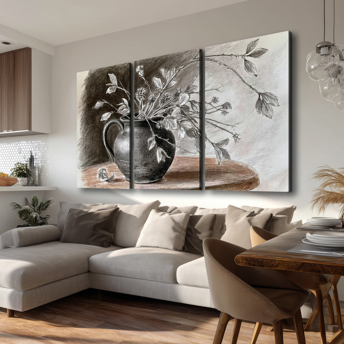 Fine leafy branches spilling from a dark rounded vase in a soft monochrome still life 3 piece canvas wall art room and product view
