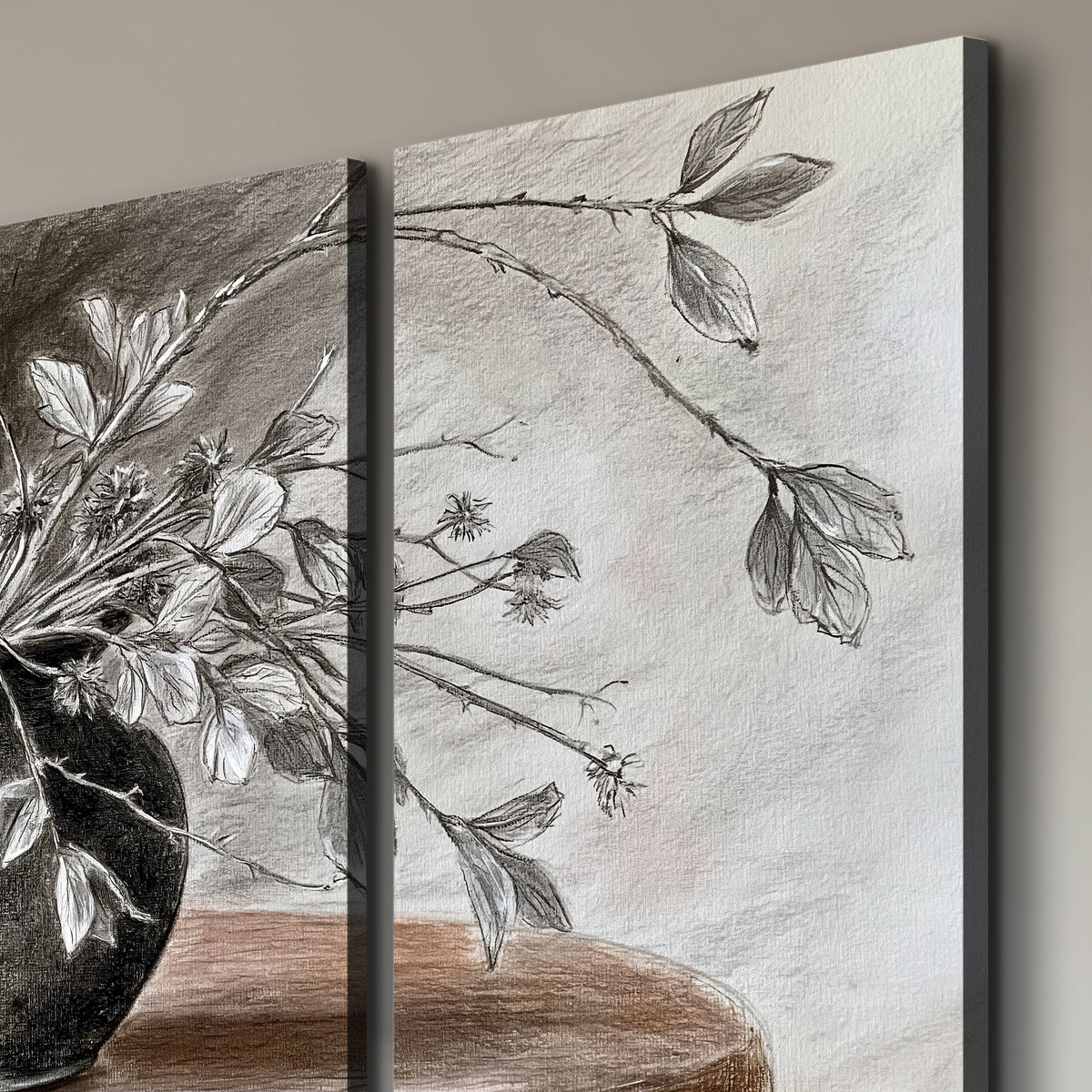 Fine leafy branches spilling from a dark rounded vase in a soft monochrome still life 3 piece canvas wall art room and product view