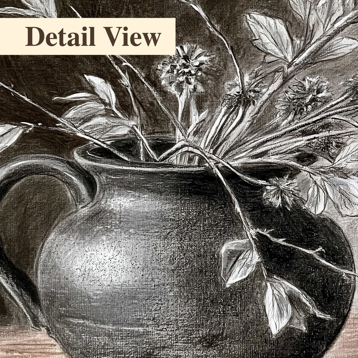 Fine leafy branches spilling from a dark rounded vase in a soft monochrome still life 3 piece canvas wall art artwork detail close up
