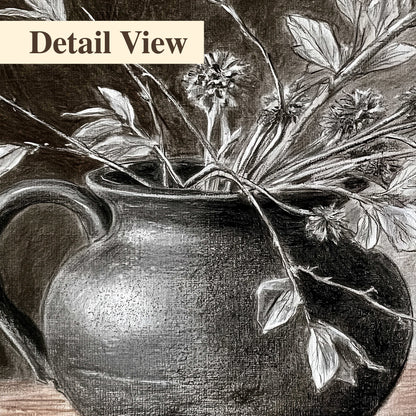 Fine leafy branches spilling from a dark rounded vase in a soft monochrome still life 3 piece canvas wall art artwork detail close up