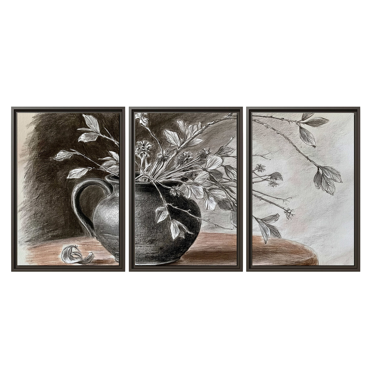 Fine leafy branches spilling from a dark rounded vase in a soft monochrome still life 3 piece framed canvas wall art viewed straight on