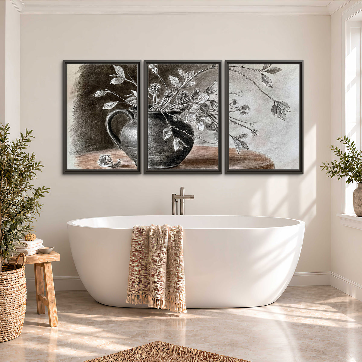 Fine leafy branches spilling from a dark rounded vase in a soft monochrome still life 3 piece framed canvas wall art styled in an interior