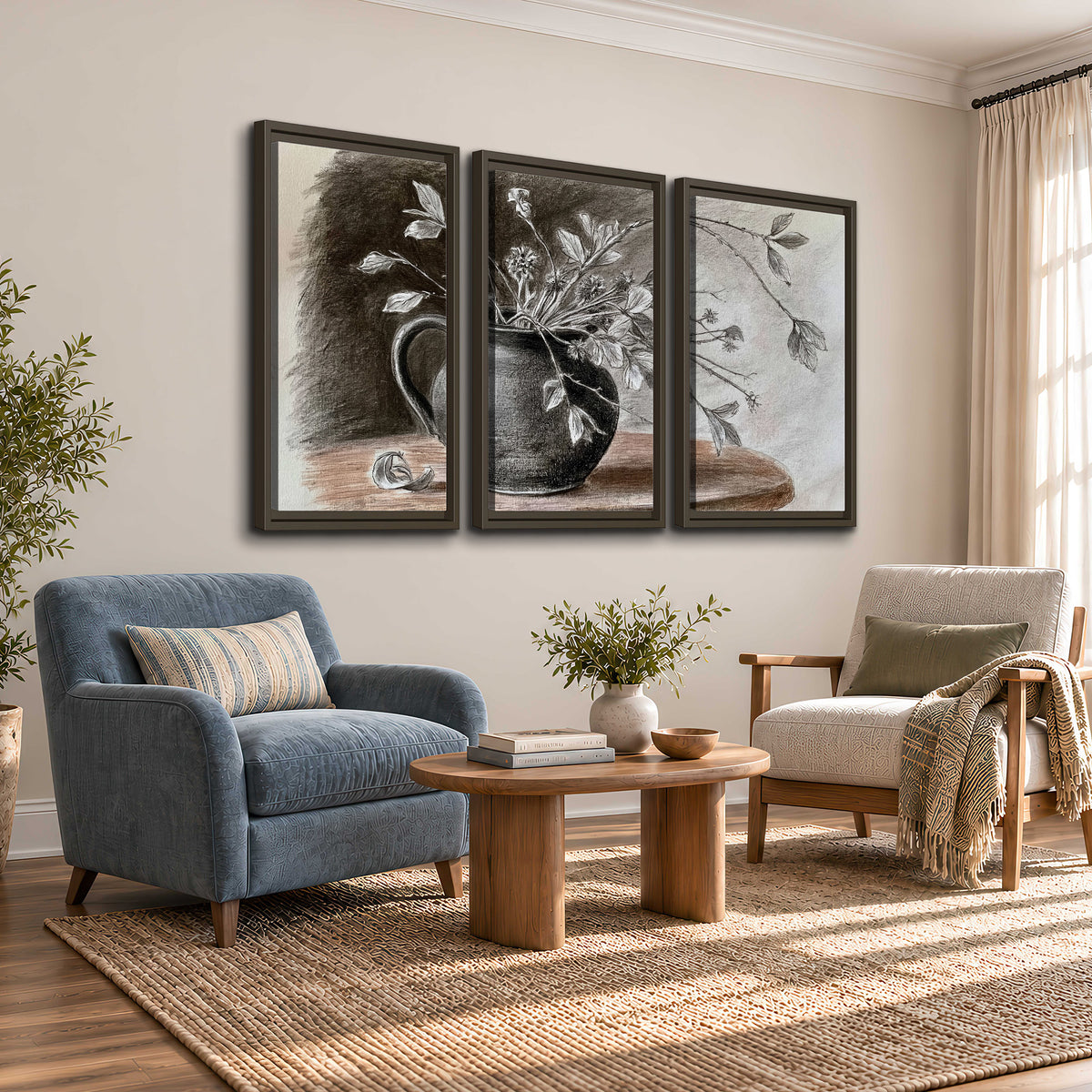 Fine leafy branches spilling from a dark rounded vase in a soft monochrome still life 3 piece framed canvas wall art styled in an interior