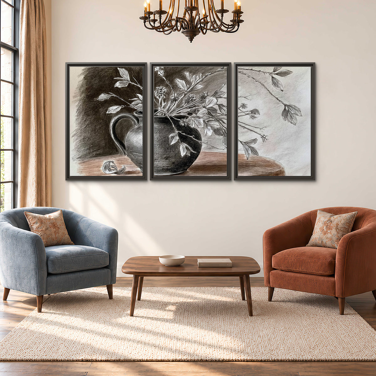 Fine leafy branches spilling from a dark rounded vase in a soft monochrome still life 3 piece framed canvas wall art styled in an interior