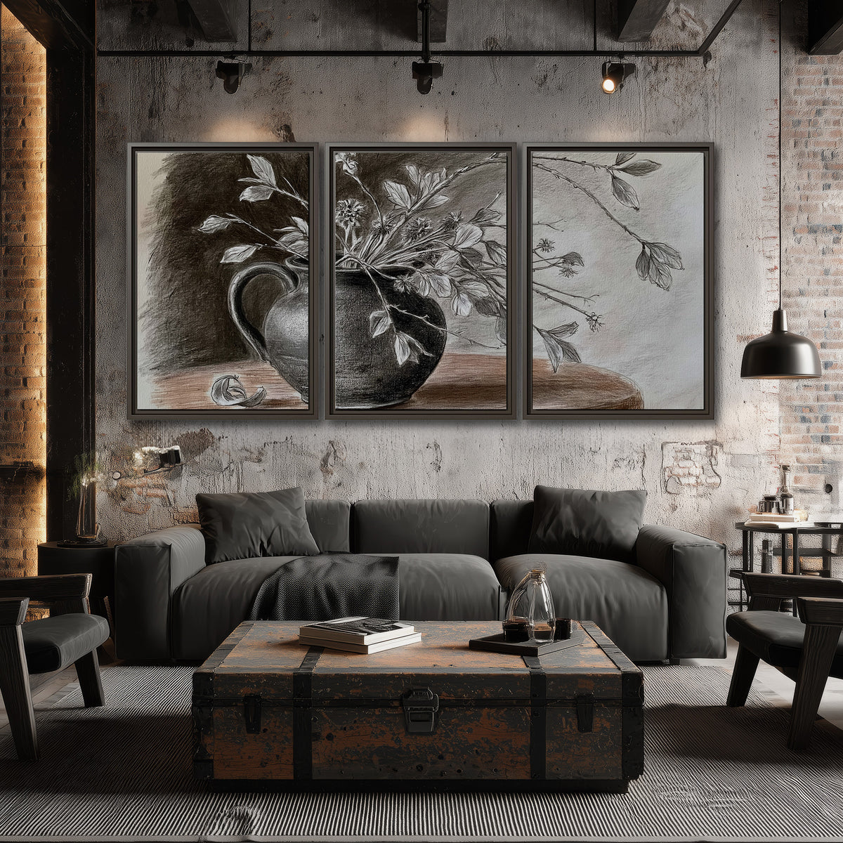 Fine leafy branches spilling from a dark rounded vase in a soft monochrome still life 3 piece framed canvas wall art displayed in a industrial room