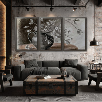 Fine leafy branches spilling from a dark rounded vase in a soft monochrome still life 3 piece framed canvas wall art displayed in a industrial room