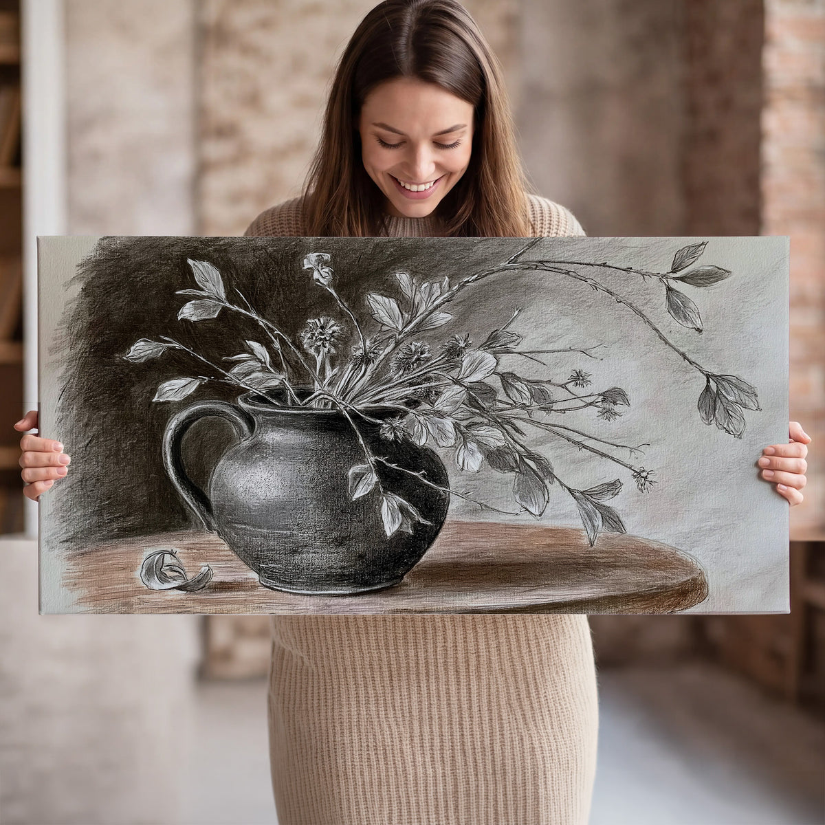 Fine leafy branches spilling from a dark rounded vase in a soft monochrome still life single canvas wall art held in hands