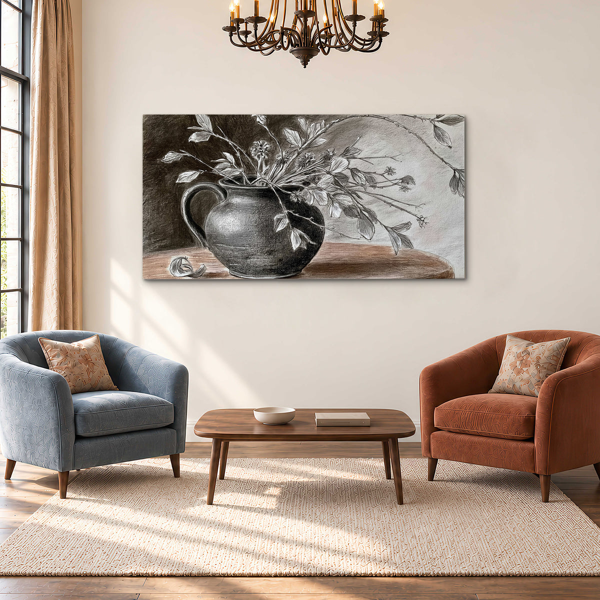 Fine leafy branches spilling from a dark rounded vase in a soft monochrome still life single canvas wall art styled in an interior