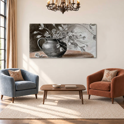 Fine leafy branches spilling from a dark rounded vase in a soft monochrome still life single canvas wall art styled in an interior