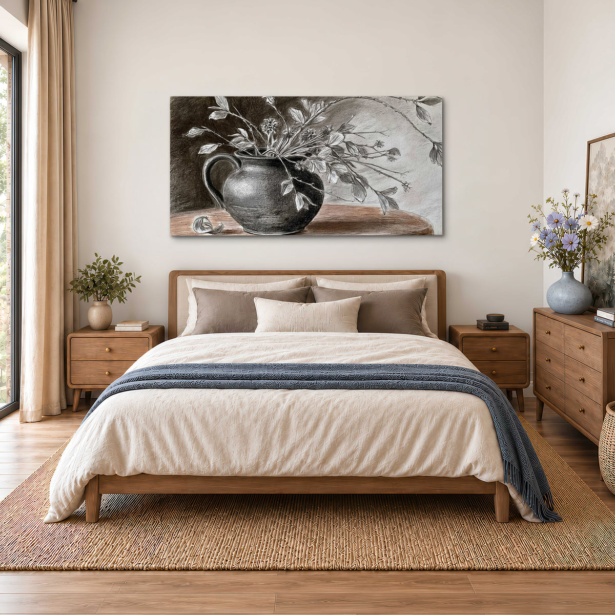 Fine leafy branches spilling from a dark rounded vase in a soft monochrome still life single canvas wall art styled in an interior