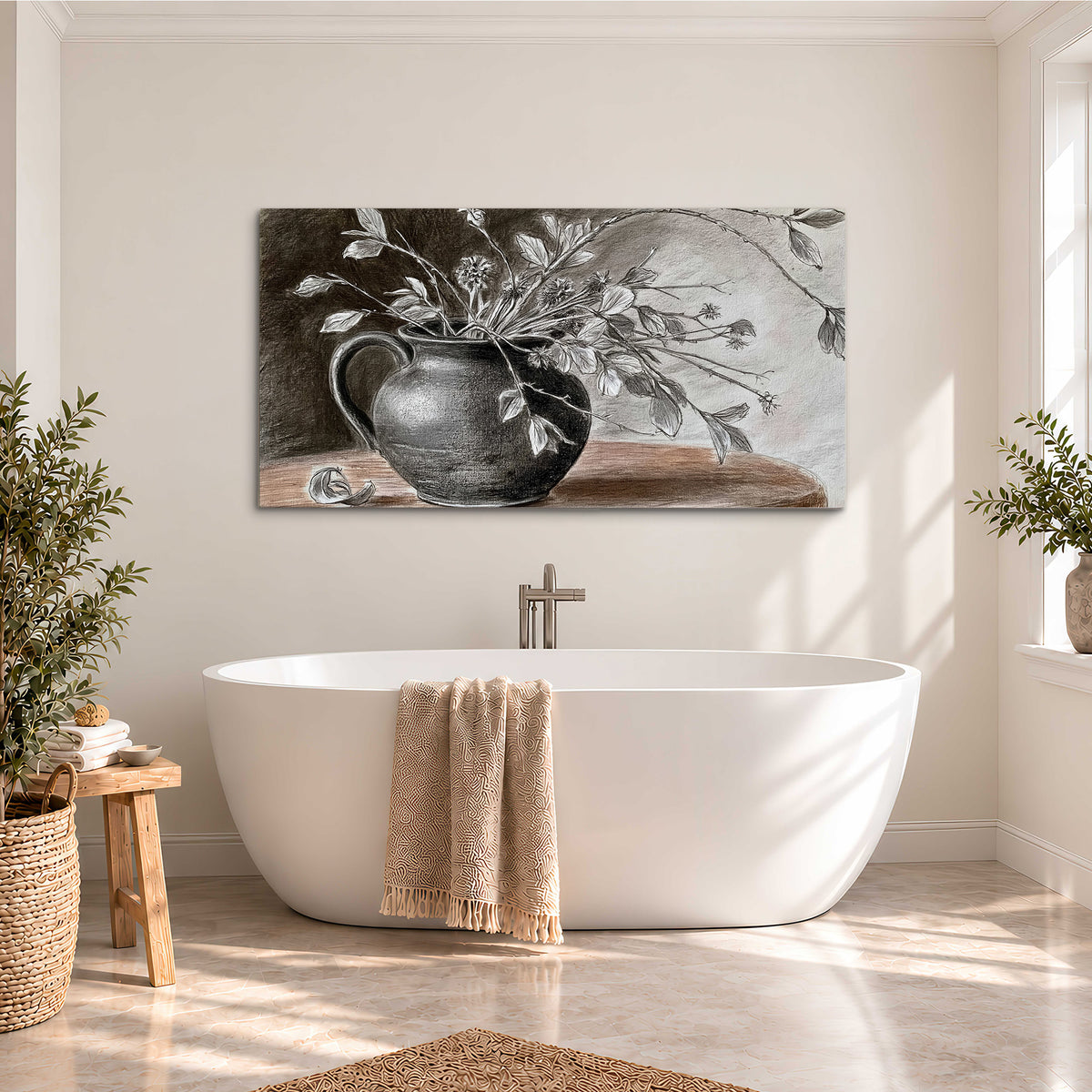Fine leafy branches spilling from a dark rounded vase in a soft monochrome still life single canvas wall art styled in an interior