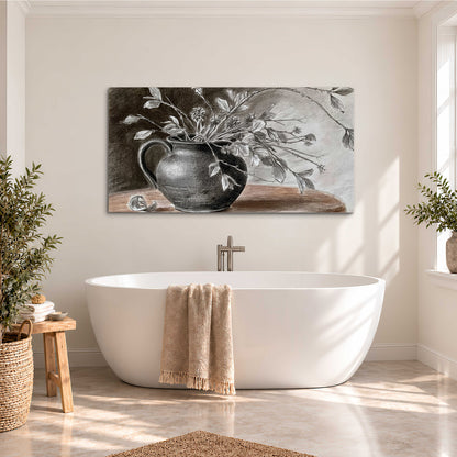 Fine leafy branches spilling from a dark rounded vase in a soft monochrome still life single canvas wall art styled in an interior