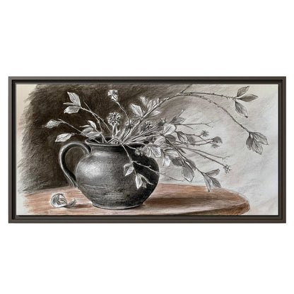 Fine leafy branches spilling from a dark rounded vase in a soft monochrome still life single framed canvas wall art viewed straight on