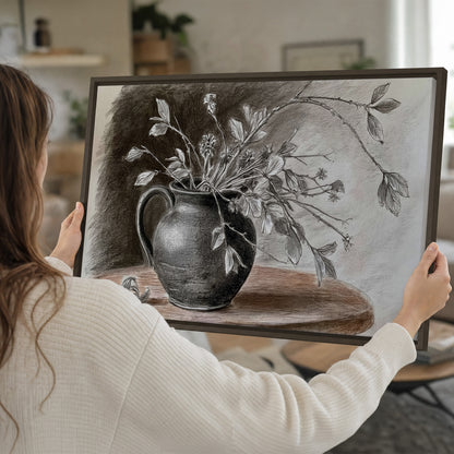 Fine leafy branches spilling from a dark rounded vase in a soft monochrome still life single framed canvas wall art held in hands