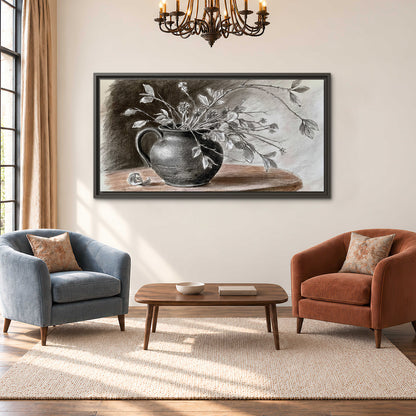 Fine leafy branches spilling from a dark rounded vase in a soft monochrome still life single framed canvas wall art styled in an interior