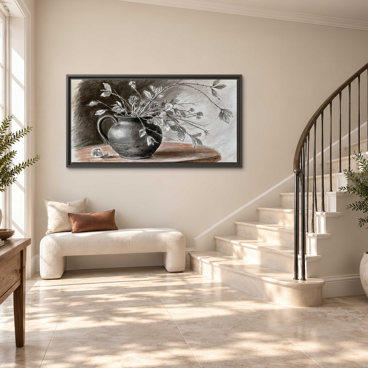 Fine leafy branches spilling from a dark rounded vase in a soft monochrome still life single framed canvas wall art styled in an interior