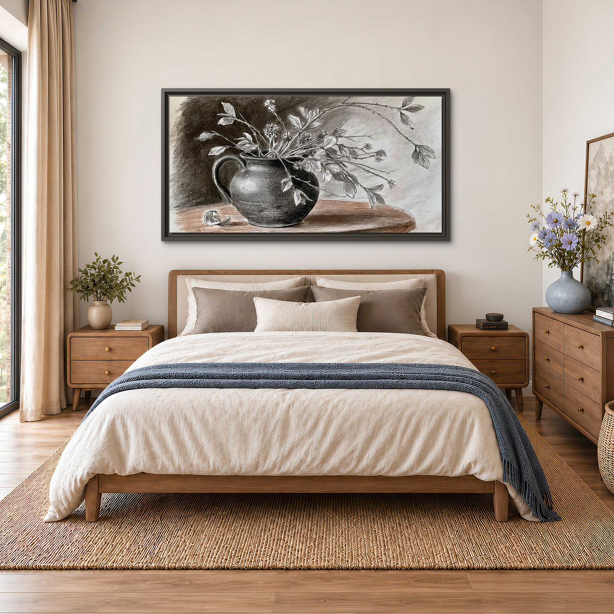 Fine leafy branches spilling from a dark rounded vase in a soft monochrome still life single framed canvas wall art styled in an interior