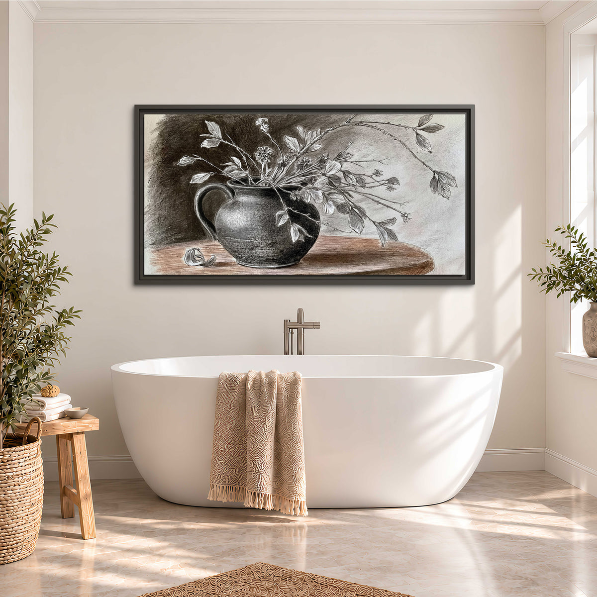 Fine leafy branches spilling from a dark rounded vase in a soft monochrome still life single framed canvas wall art styled in an interior