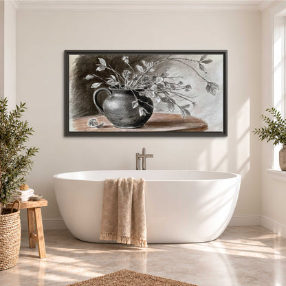 Fine leafy branches spilling from a dark rounded vase in a soft monochrome still life single framed canvas wall art styled in an interior