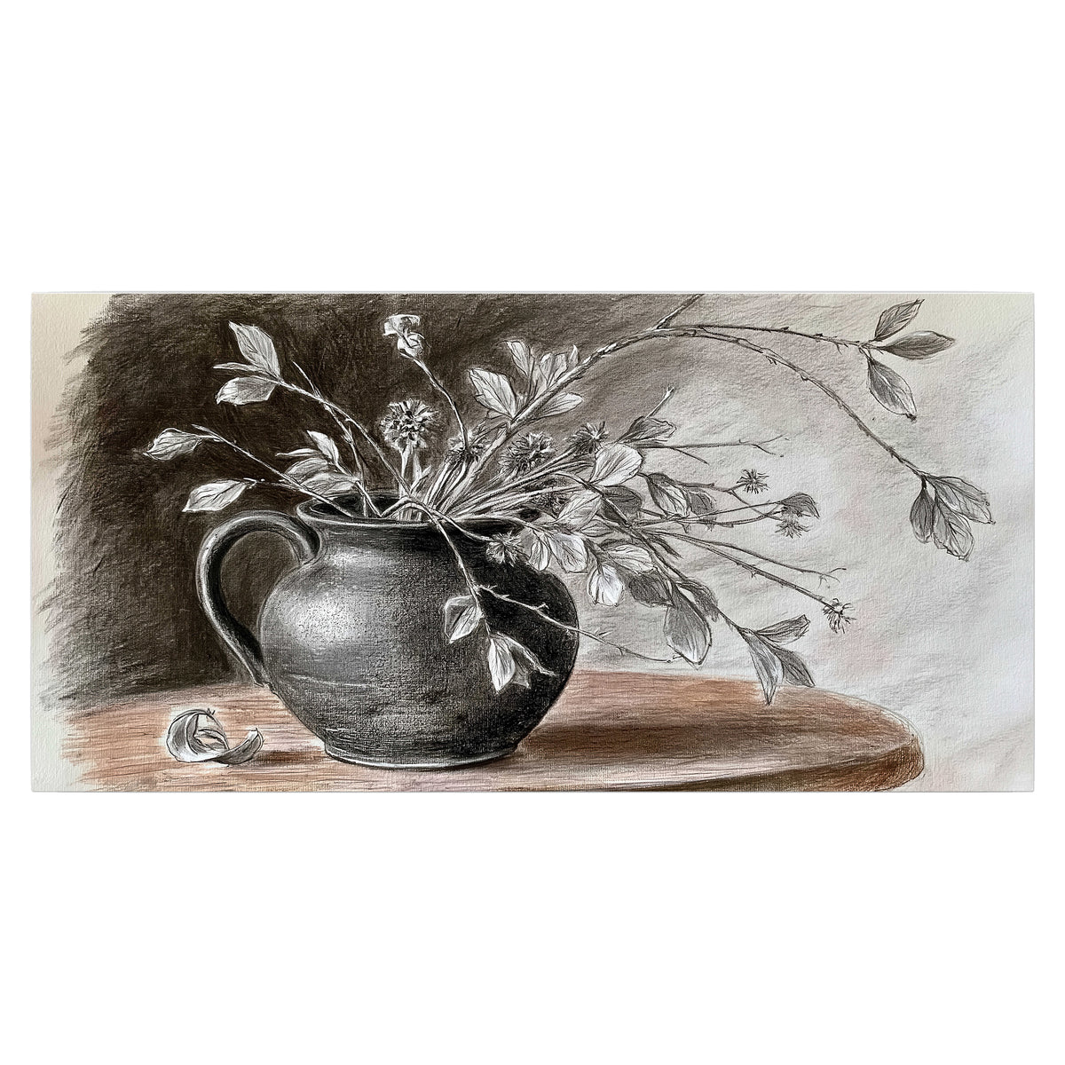 Fine leafy branches spilling from a dark rounded vase in a soft monochrome still life single poster print viewed straight on