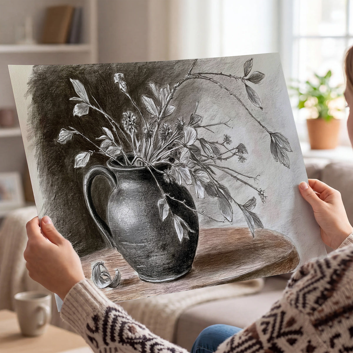 Fine leafy branches spilling from a dark rounded vase in a soft monochrome still life single poster print held in hands