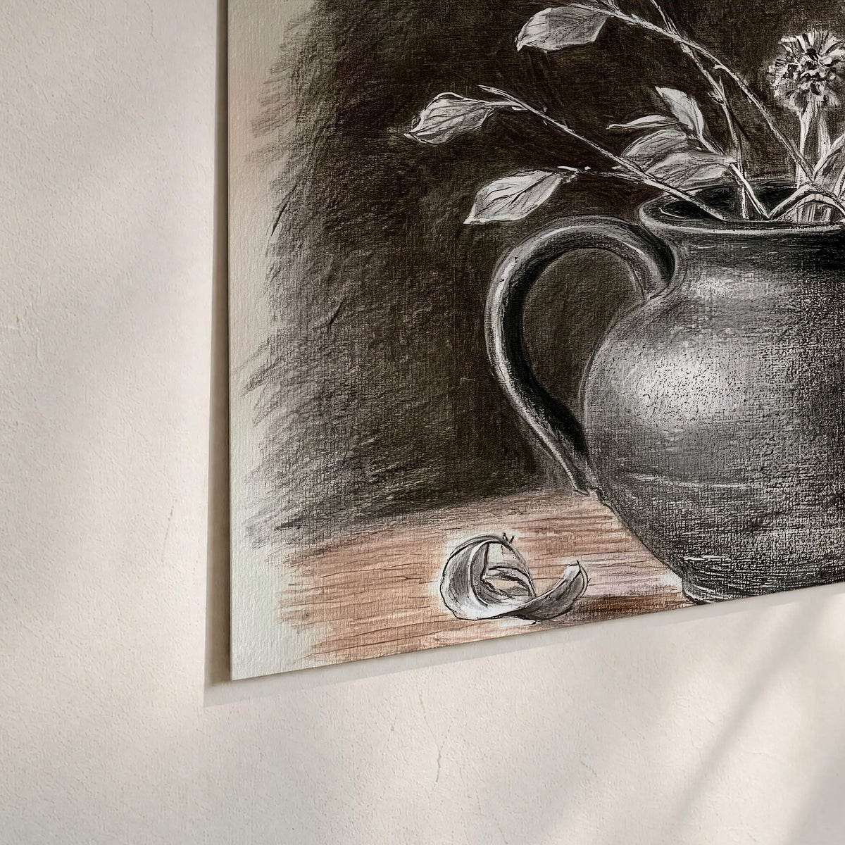Fine leafy branches spilling from a dark rounded vase in a soft monochrome still life set of 3 poster prints material and edge close up