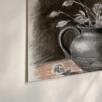 Fine leafy branches spilling from a dark rounded vase in a soft monochrome still life set of 3 poster prints material and edge close up