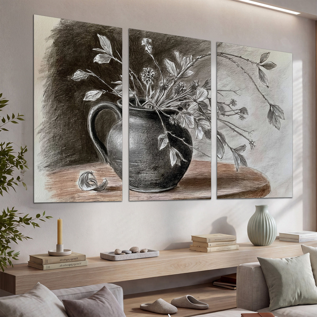 Fine leafy branches spilling from a dark rounded vase in a soft monochrome still life set of 3 poster prints displayed in a console